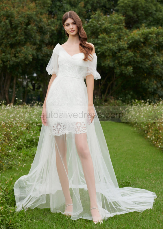 Off Shoulder Ivory Lace Tulle Garden Wedding Dress